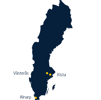 Mörkblå karta över Interteks svenska siter och kontor i Kista, Västerås och Alnarp