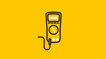 En svartvit illustration av en voltmeter på gulbakgrund 